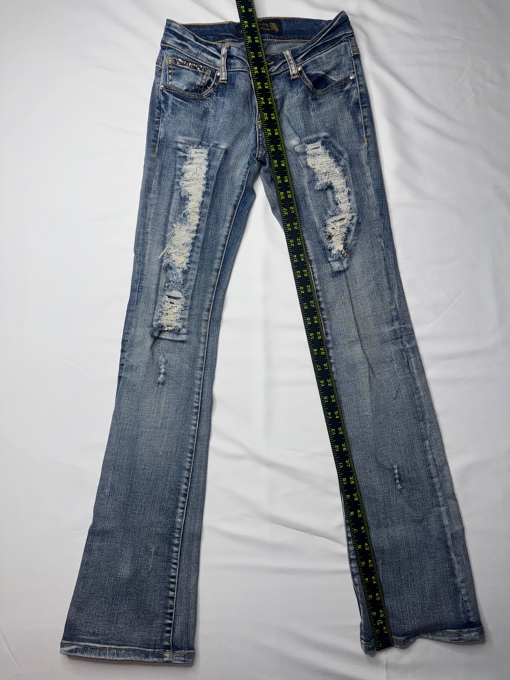 Virgin Only Y2K Low Rise Bootcut Flare Distressed Rhinestone Jeans Sz 25 - Picture 7 of 9